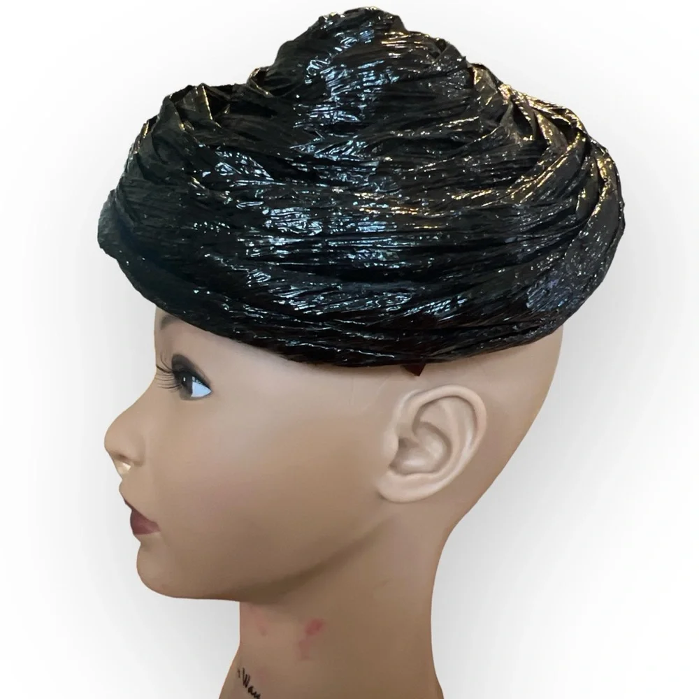 Artsy 1960’s Black Straw Hat, Black Cocktail Party Hat, Pillbox Hat - Picture 3 of 8